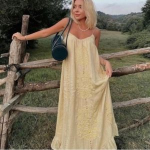 Zara Long Embroidered Dress in Washed Green